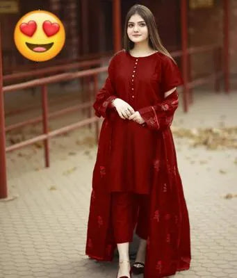 Elegant Maroon Shamoz Silk Embroidered Gown Suit - 3 Piece Set