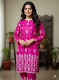 Elegant Pink Linen Block Printed 2 Piece Women's Set