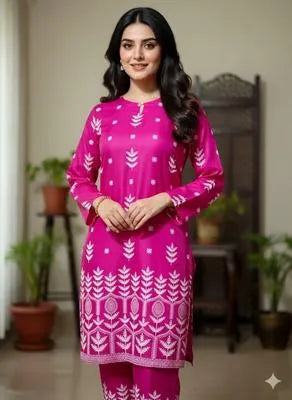 Elegant Pink Linen Block Printed 2 Piece Women's Set