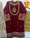 Elegant Maroon 3 Piece Organza Hand Work Suit for Women