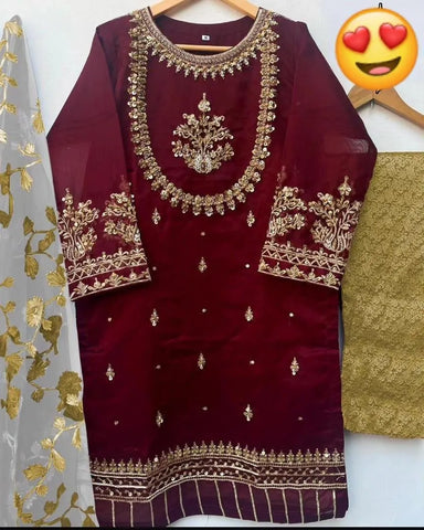 Elegant Maroon 3 Piece Organza Hand Work Suit for Women