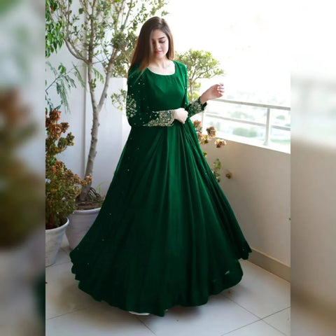 Green Shamoz Silk 3 Piece Gown Suit with Embroidered Design