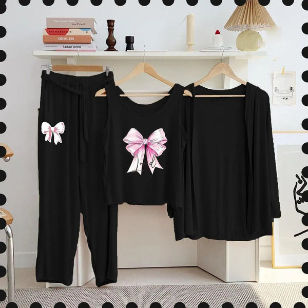 3 Piece Women's Jersey Printed Night Suit with Shorts - Black