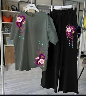 Stylish Grey Jersey Printed 2 Piece Night Suit for Women