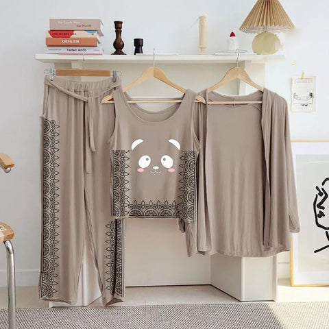 Elegant Jersey Printed Women's Night Suit - 3 Pieces in Beige