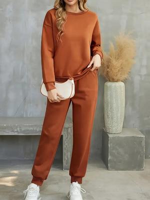 Stylish Women's Fleece Tracksuit - 2 Piece Plain Set in Brown