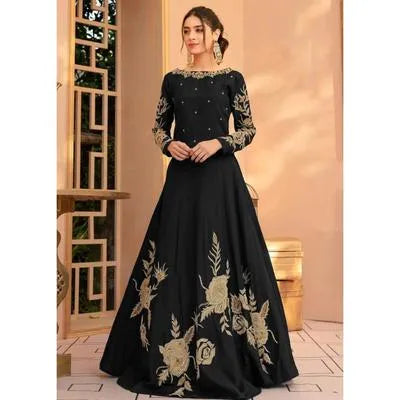 Elegant Black Shamoz Silk Embroidered Maxi Dress for Women