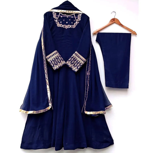 Elegant Blue Chiffon Embroidered Maxi & Trouser Set for Women