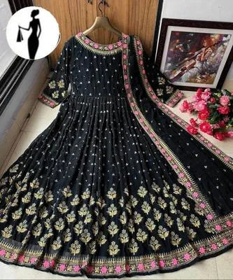 Elegant Black Shamoz Silk Embroidered Maxi Suit for Women