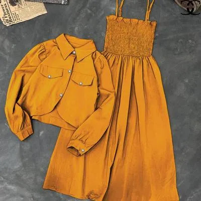 Trendy Mustard Linen 2 Piece Women's Dress Set - U-Neck Design