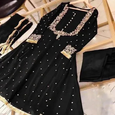 Elegant Black Chiffon Embroidered Maxi and Trouser Set for Women