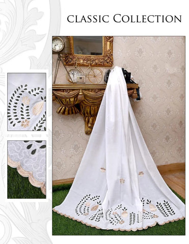 Elegant White Stitched Dupatta in Swiss Lawn with Patch Work