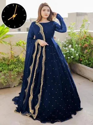 Elegant Blue Chiffon Maxi Dress with Trouser & Dupatta - 3 Pcs Set