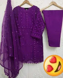 Elegant Purple Organza Embroidered 3 Piece Women's Suit