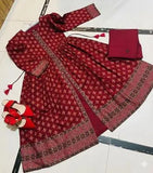 Stunning Printed Silk Frock and Trouser Set in Red - 2 Pcs