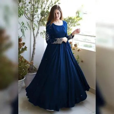 Elegant Blue Shamoz Silk 3 Piece Gown Suit for Women