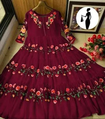 Elegant Maroon Chiffon Embroidered Maxi Dress for Women