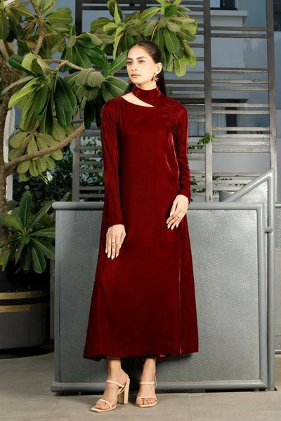 Elegant Red Velvet 2 Piece Stitched Shirt & Trouser Set for Women