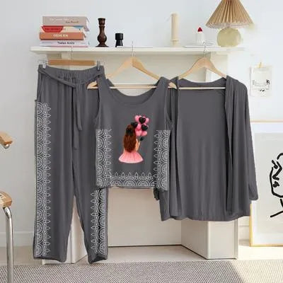 Stylish Grey Jersey Printed 3 Piece Women's Night Suit