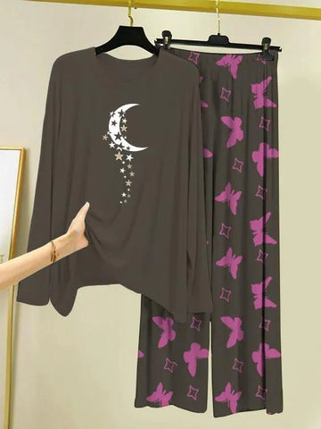 Elegant Grey Cotton Jersey Printed Night Suit for Women