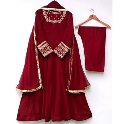 Elegant Maroon Chiffon Embroidered Maxi & Trouser Set - 3 Pcs