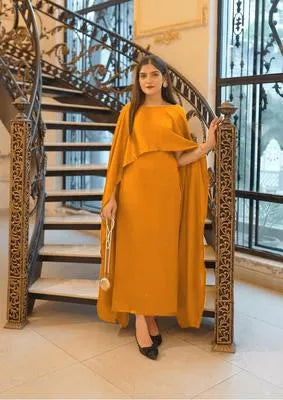 Elegant Mustard Shamoz Silk Maxi Dress with U-Neck Design
