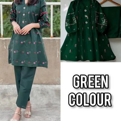 Elegant Green Cotton Embroidered 2 Piece Set for Women