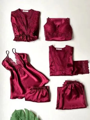 Maroon Silk 5-Piece Women's Stitched Night Suit Set
