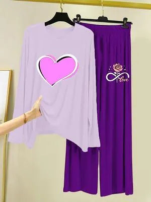 Purple Cotton Jersey Printed 2 Piece Women's Night Suit