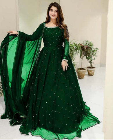 Elegant Green Chiffon Patch Work Maxi Suit - 3 Piece Set