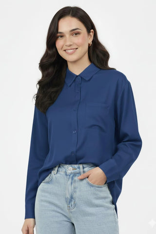 Elegant Women's Silk Button Down Shirt in Blue - Medium & Large