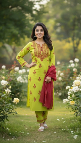 Elegant Green Embroidered Linen 3 Piece Stitched Suit for Women