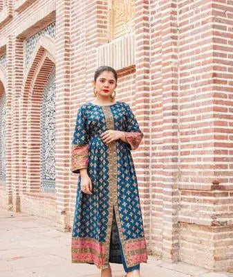 Stylish Green Printed Silk Frock and Trouser Set - 2 Pcs