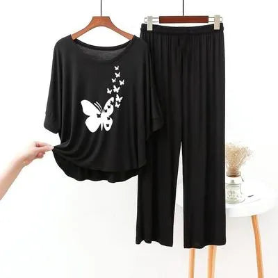 Cozy Black Printed Cotton Jersey 2-Piece Night Suit for Women