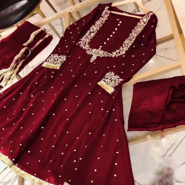 Elegant Maroon Chiffon Embroidered Maxi with Trouser Set