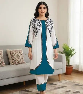 Turquoise Grip Silk Printed 2 Piece Co-Ord Set for Women