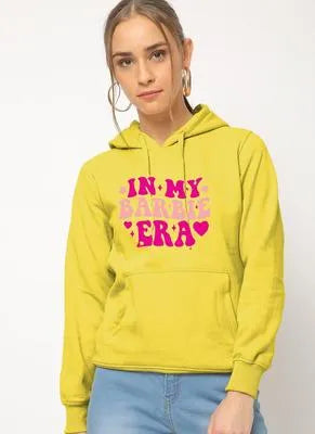 Stylish Women's Fleece Printed Pullover Hoodie in Yellow