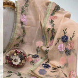 Peach Organza Dupatta with Heavy Beads & Brush Paint Design