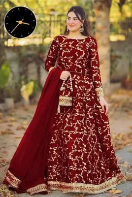 Elegant Maroon Shamoz Silk Embroidered Lehenga Choli Set