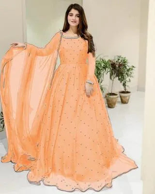 Elegant Peach Chiffon Embroidered 3 Piece Maxi Set for Women