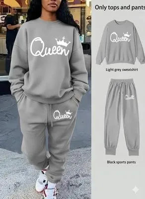 Stylish Women's Grey Fleece Printed Tracksuit - 2 Piece Set