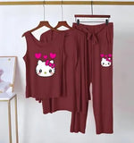 Maroon Jersey Printed 3 Piece Women's Sleep Wear Set