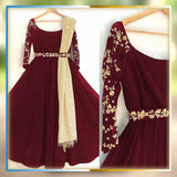 Elegant Maroon Silk Embroidered Maxi Suit with Dupatta & Trouser