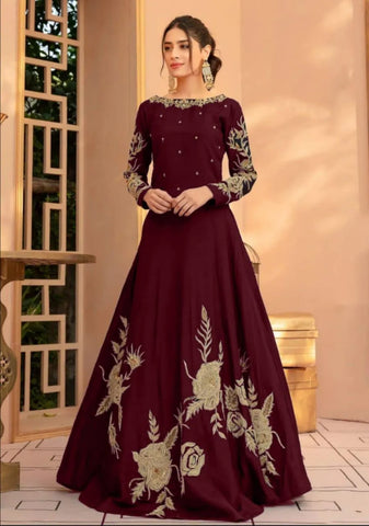 Elegant Maroon Silk Embroidered Maxi Dress for Women