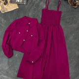 Trendy 2 Piece Women's Linen Dress Set in Pink - U-Neck Design
