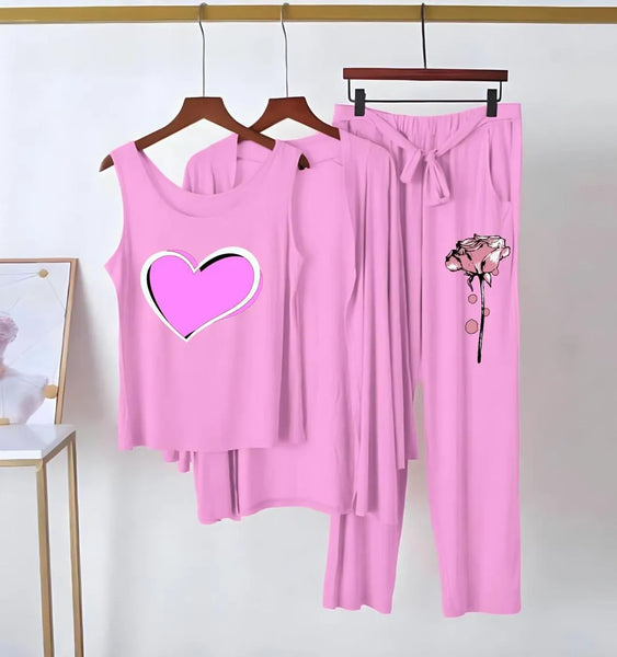 Pink Jersey Printed 3 Piece Women's Sleep Wear Set