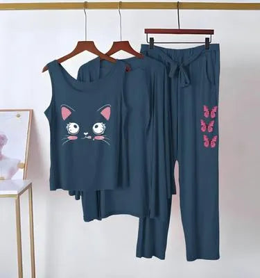 3 Pcs Women's Jersey Printed Night Suit with Shorts - Blue