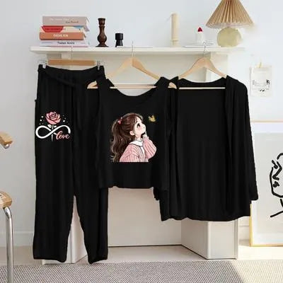 Elegant Black Jersey Printed 3 Piece Women's Night Suit