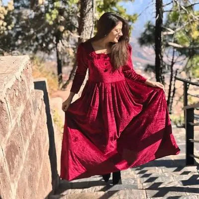 Elegant Maroon Velvet Maxi Dress with Turtle Neck Design