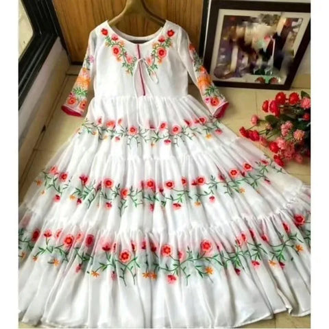 Elegant White Embroidered Chiffon Maxi Dress for Women